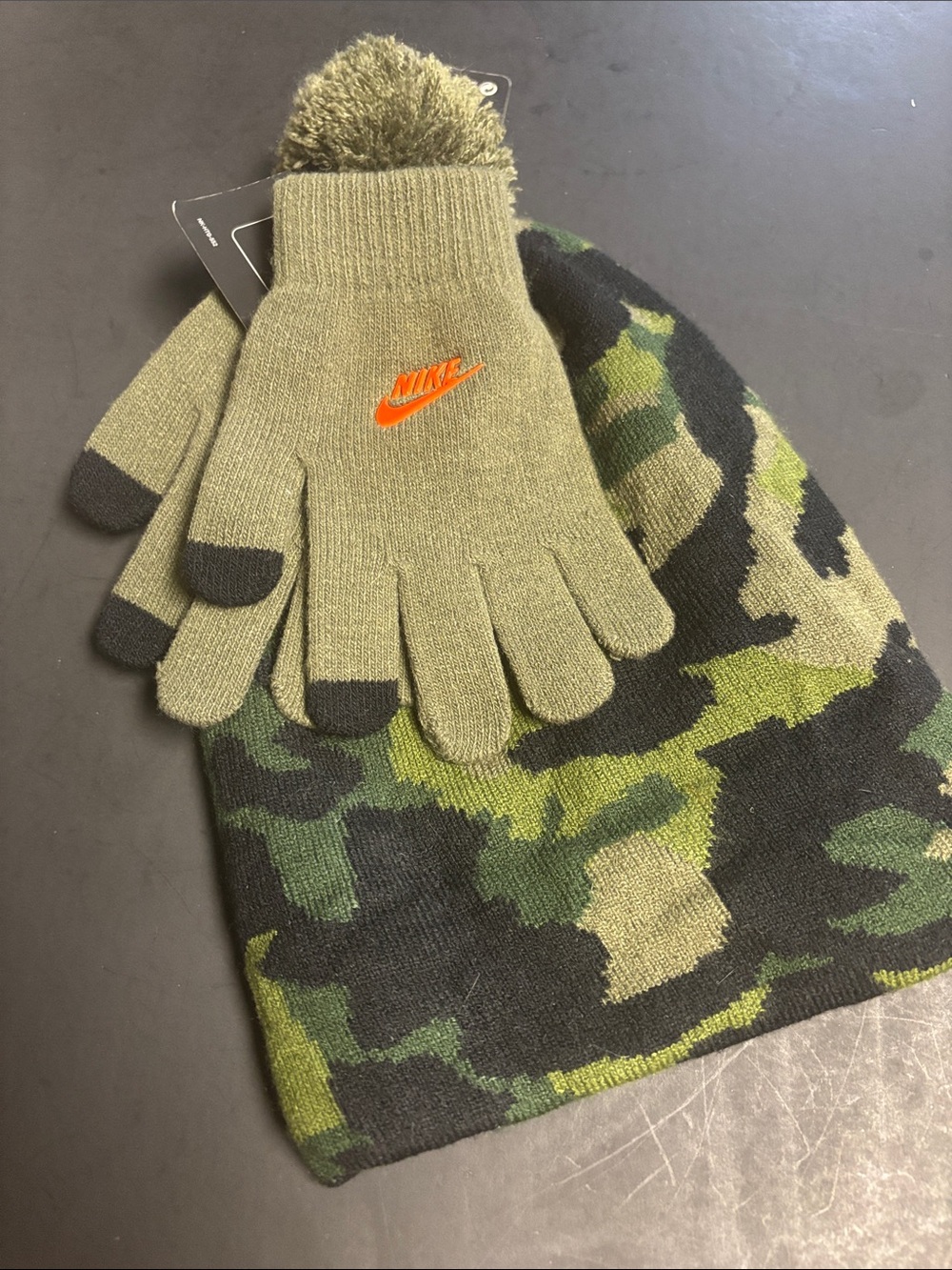 Nike Kids Olive Green Camo Pom Beanie with Matching Touchscreen Gloves